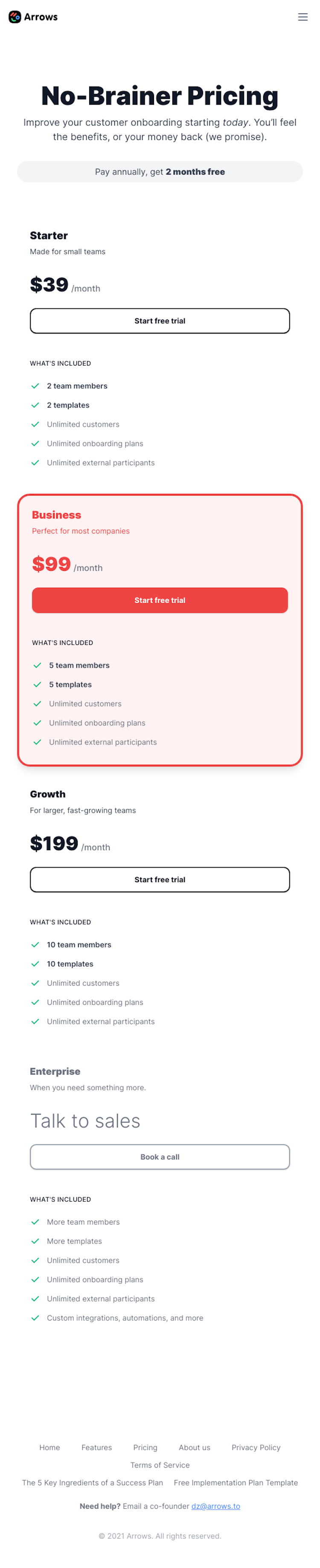 Arrows Pricing Page Design