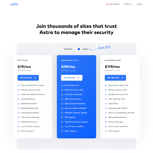 Astra Pricing Page Design