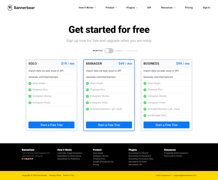 Bannerbear Pricing Page Design