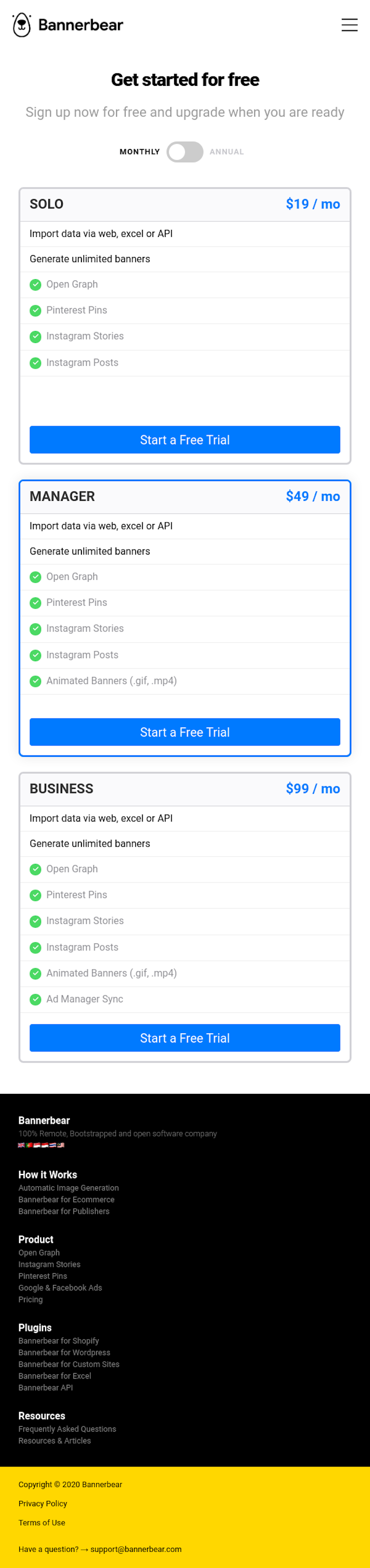 Bannerbear Pricing Page Design