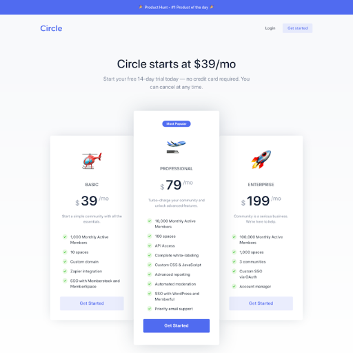 Circle Pricing Page Design