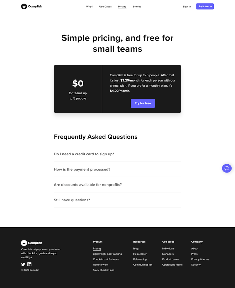 Complish Pricing Page Design