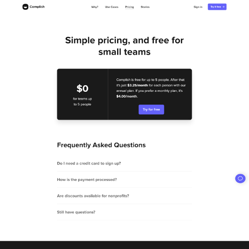 Complish Pricing Page Design