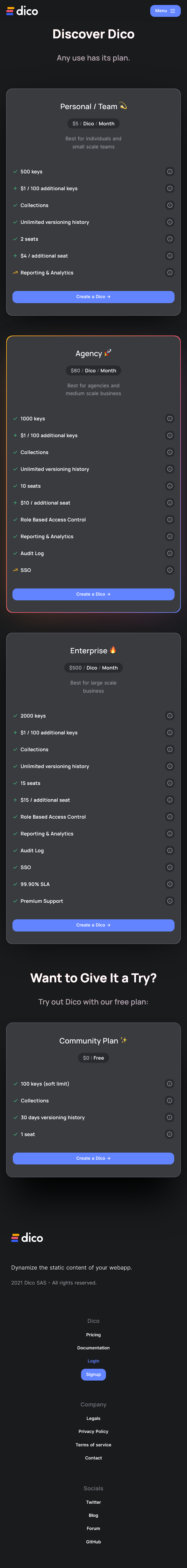 Dico Pricing Page Design