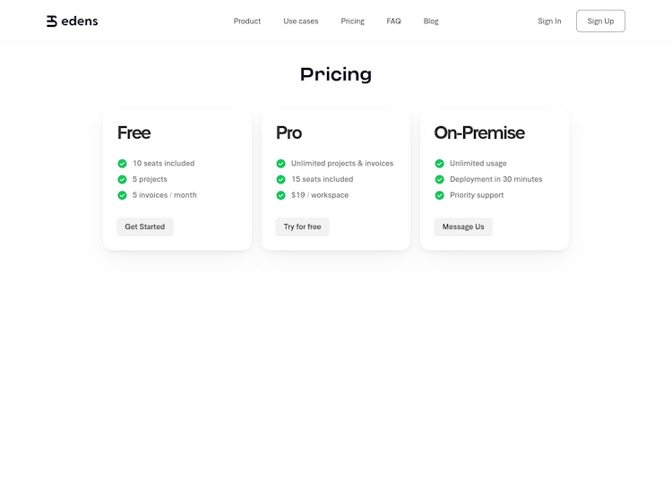 Edens Pricing Page Design