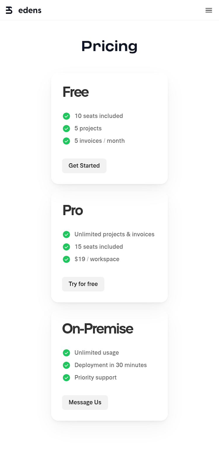 Edens Pricing Page Design