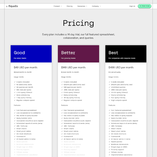 Equals Pricing Page Design