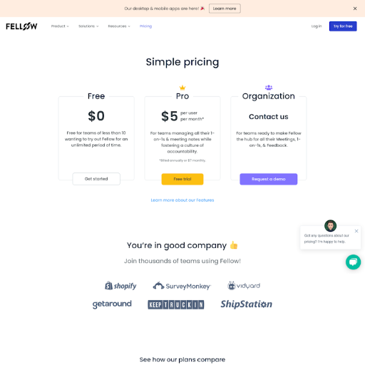 Fellow Pricing Page Design