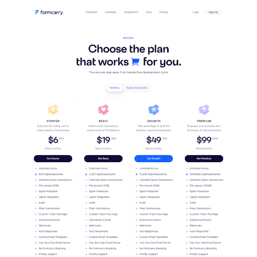 Formcarry Pricing Page Design