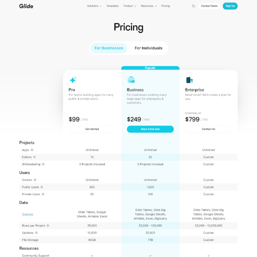 Glide Pricing Page Design