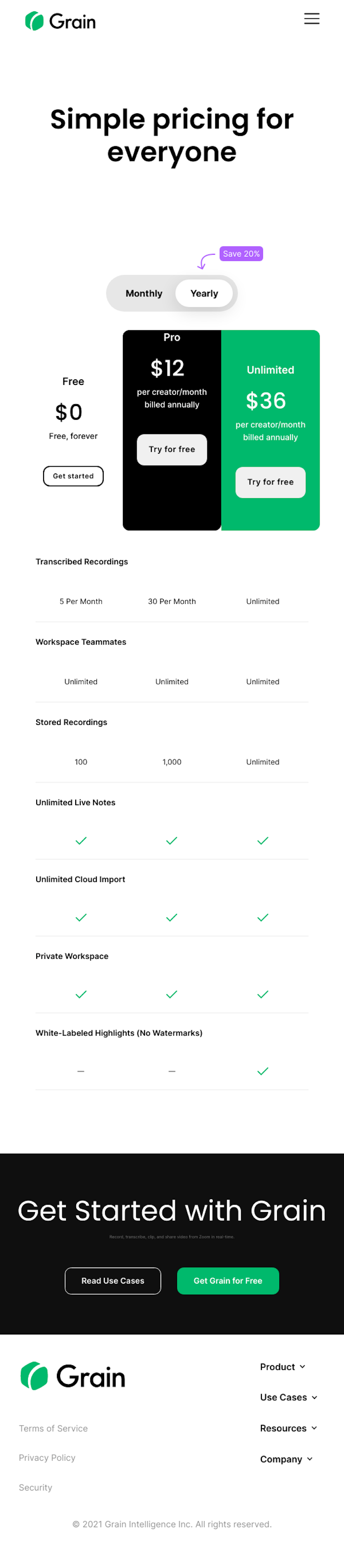 Grain Pricing Page Design