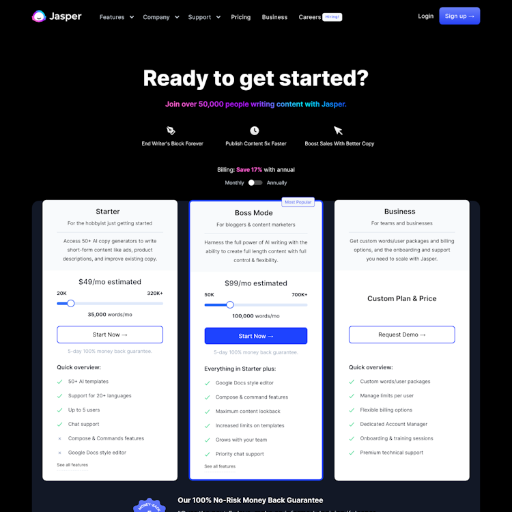 Jasper Pricing Page Design