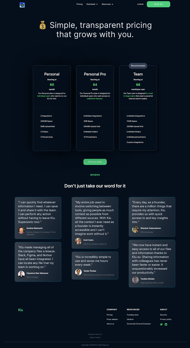 Klu Pricing Page Design