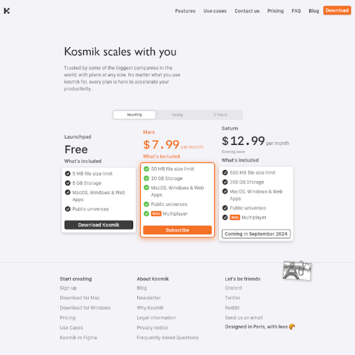 Kosmik Pricing Page Design