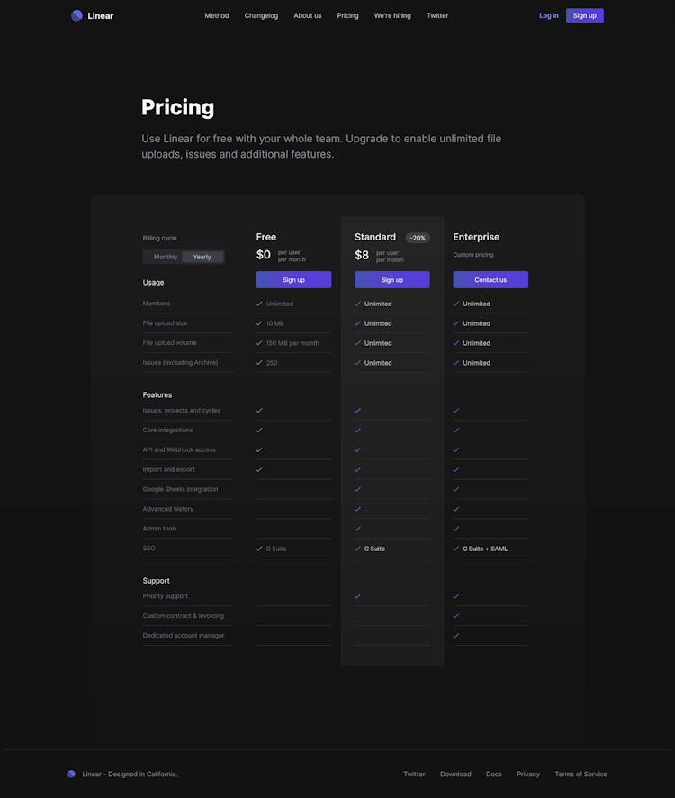 Linear Pricing Page Design