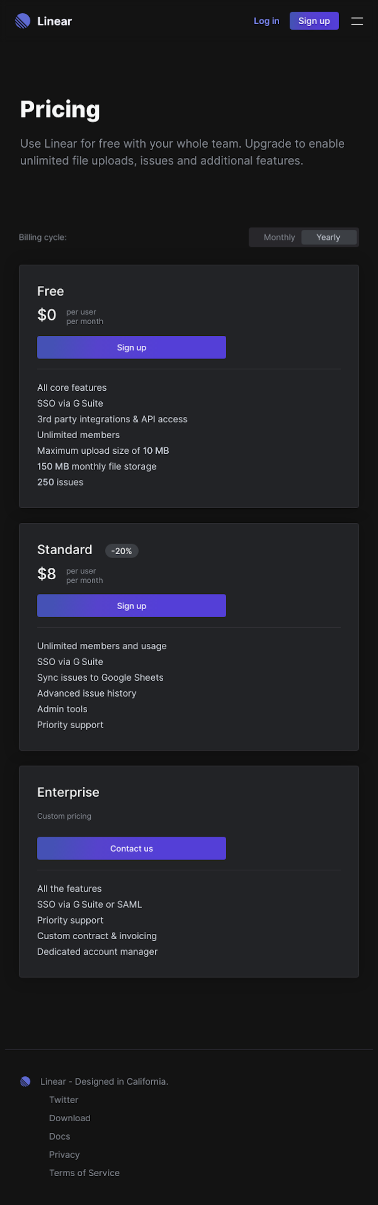 Linear Pricing Page Design