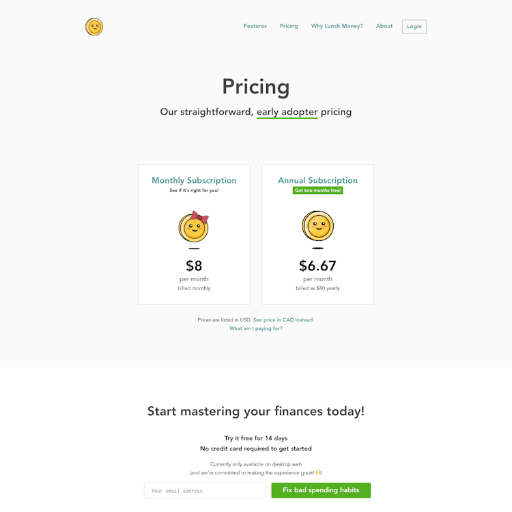 Lunch Money Pricing Page Design