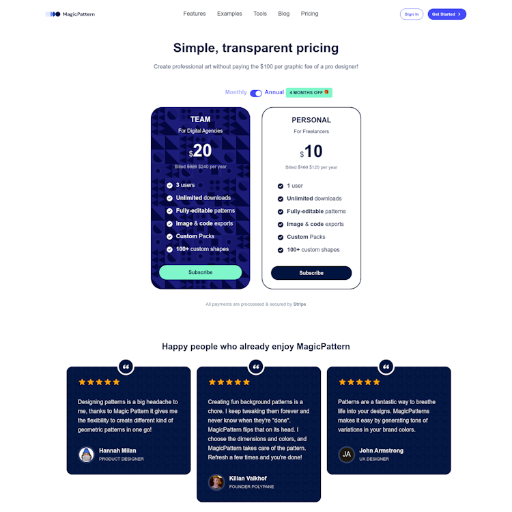 MagicPattern Pricing Page Design