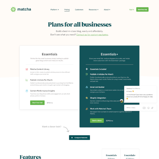 Matcha Pricing Page Design