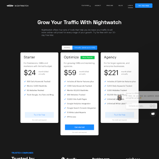 Nightwatch Pricing Page Design