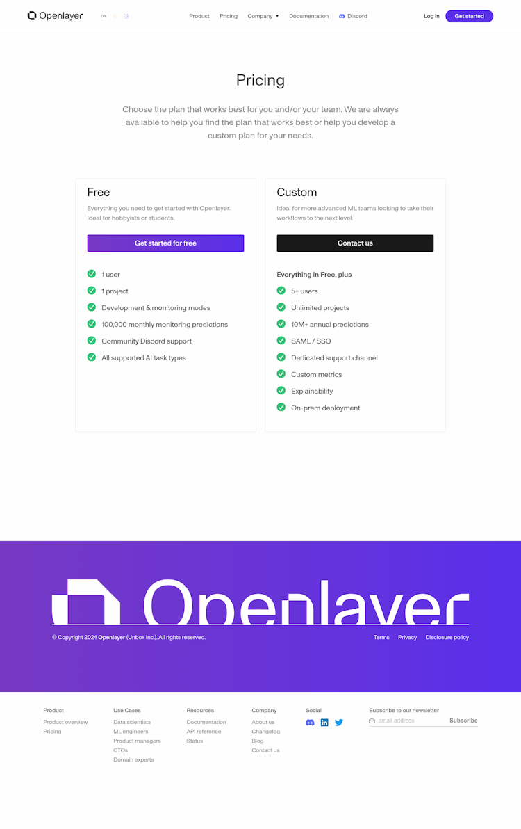 Openlayer Pricing Page Design