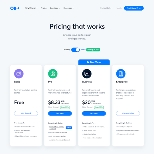 Otter Pricing Page Design