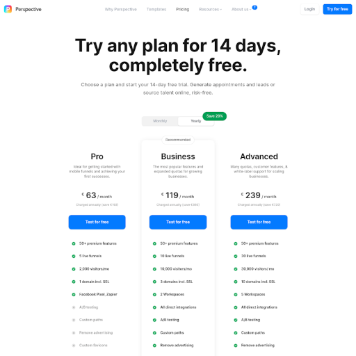 Perspective Funnels Pricing Page Design