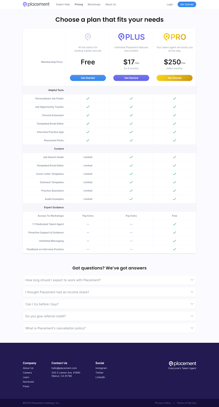 Placement Pricing Page Design