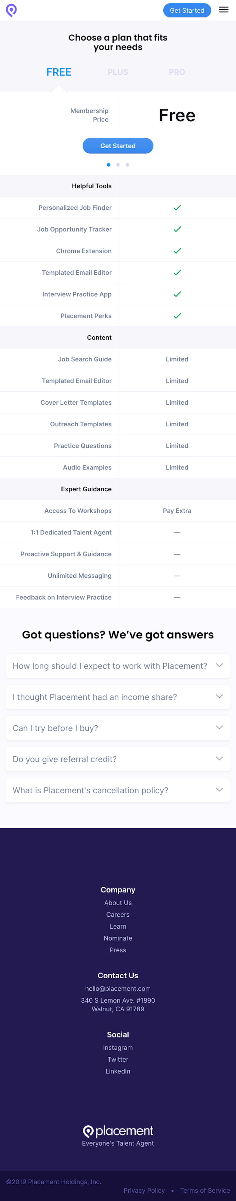 Placement Pricing Page Design