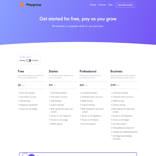 Playgroup Pricing Page Design