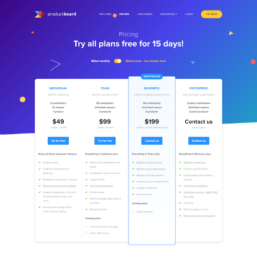 Productboard Pricing Page Design