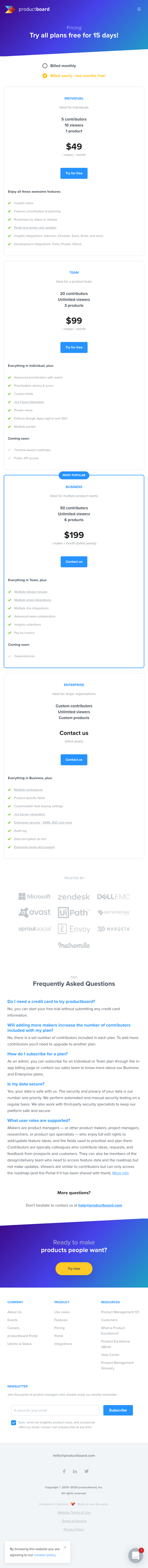 Productboard Pricing Page Design