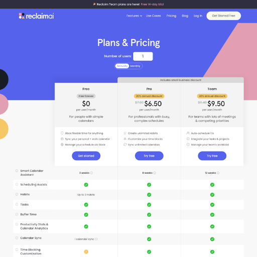 Reclaim Pricing Page Design