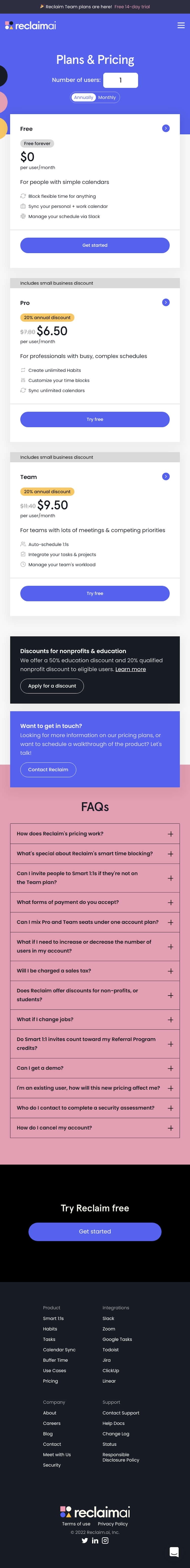 Reclaim Pricing Page Design