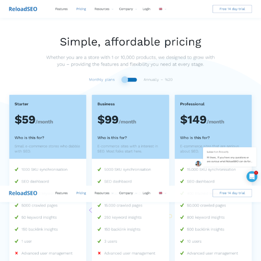 Reloadseo Pricing Page Design