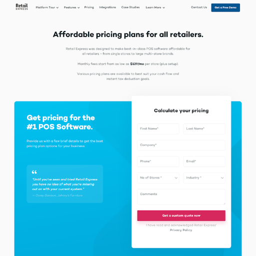 Retail Express Pricing Page Design