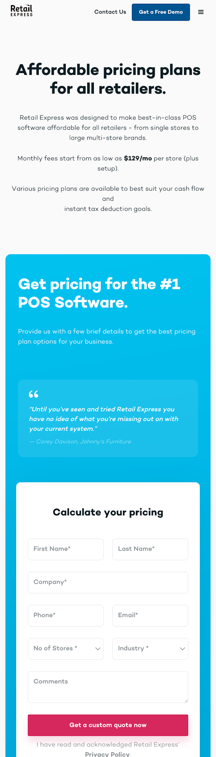 Retail Express Pricing Page Design