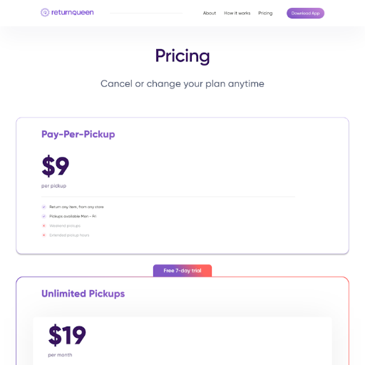 ReturnQueen Pricing Page Design