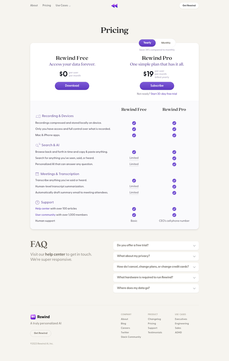 Rewind Pricing Page Design