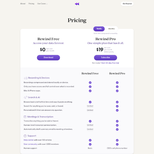 Rewind Pricing Page Design