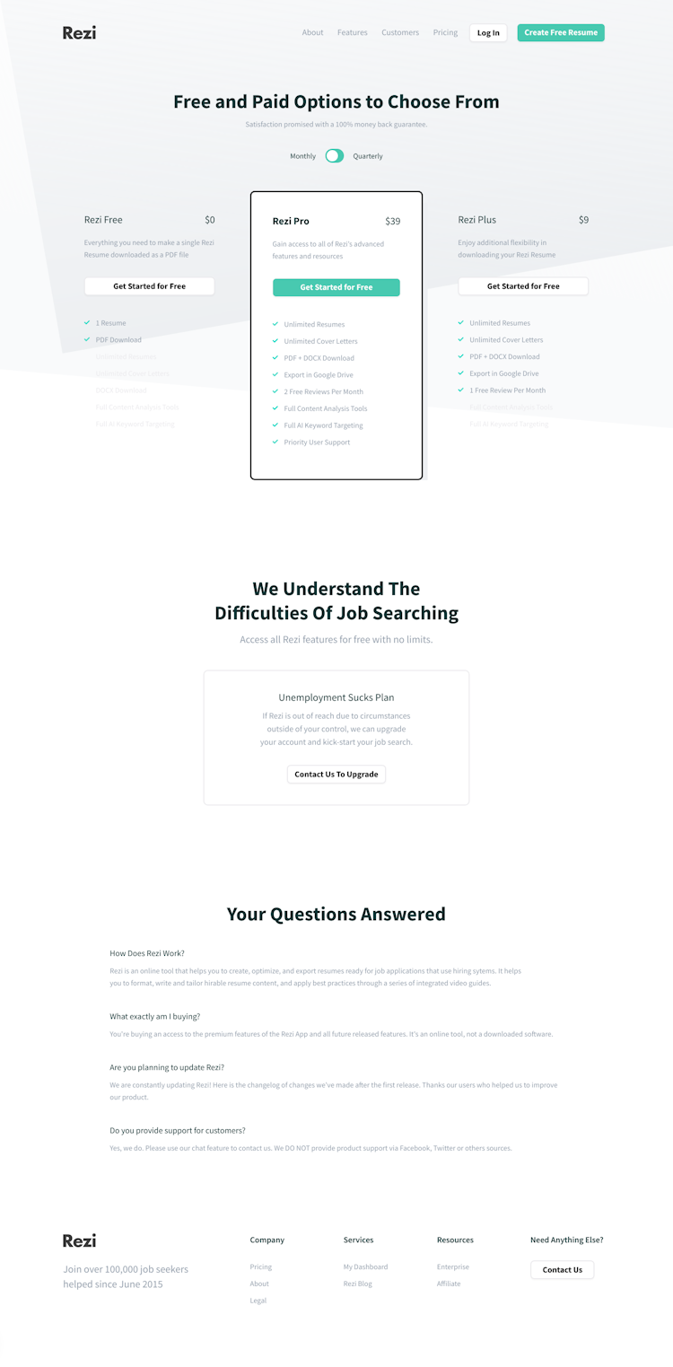 Rezi Pricing Page Design