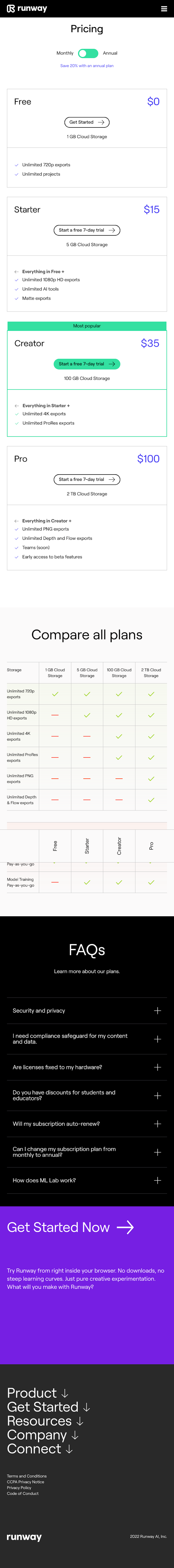 Runwayml Pricing Page Design