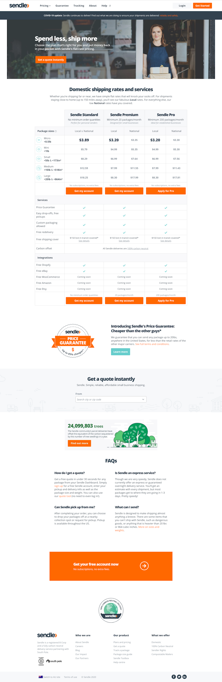 Sendle Pricing Page Design