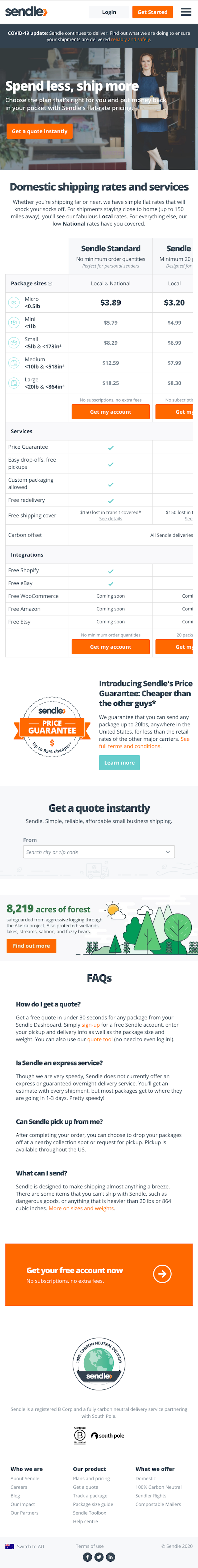 Sendle Pricing Page Design