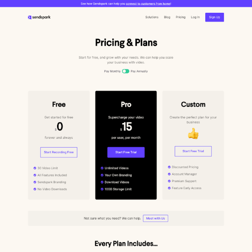 Sendspark Pricing Page Design