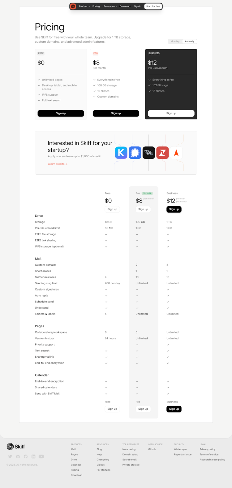 Skiff Pricing Page Design