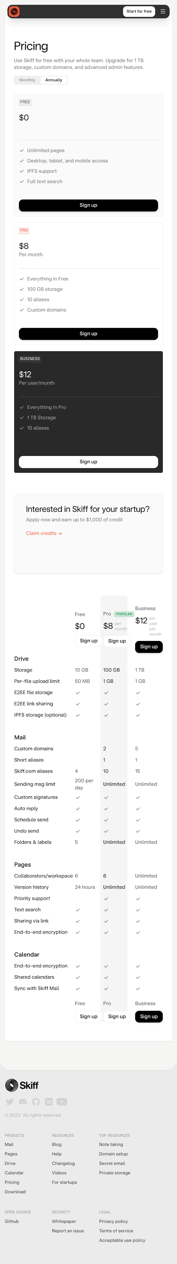 Skiff Pricing Page Design