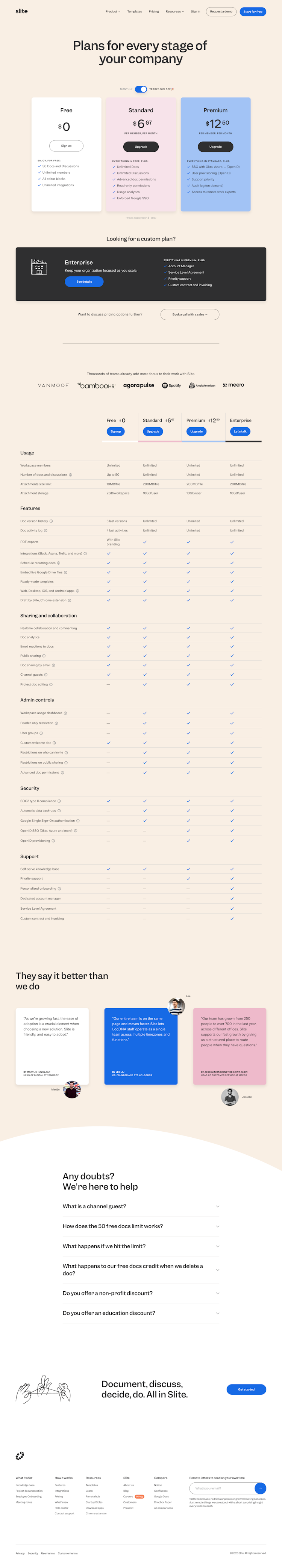 Slite Pricing Page Design