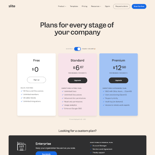 Slite Pricing Page Design