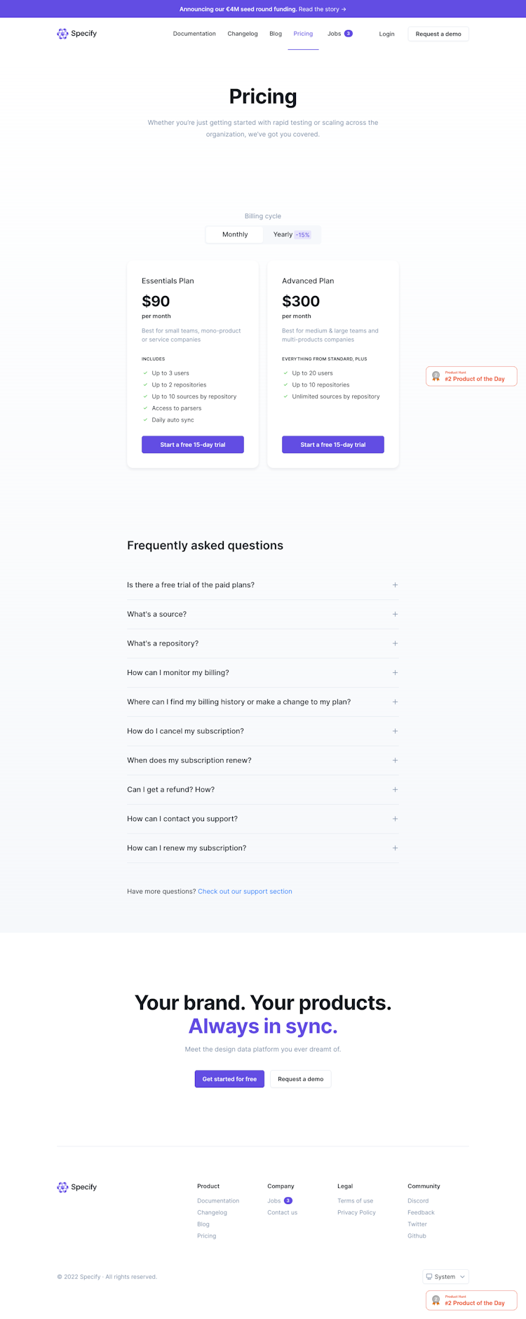 Specify Pricing Page Design